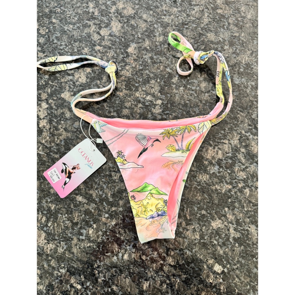 Oceanus Swimwear Lou Bikini Bottom Pink Tropical Landscape Side Tie‎ XS New - Picture 2 of 7